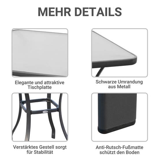 Table bistro de jardin en verre trempé et métal, robuste pour extérieur terrasse balcon, noire 68,5x68,5x84 cm - Image 6