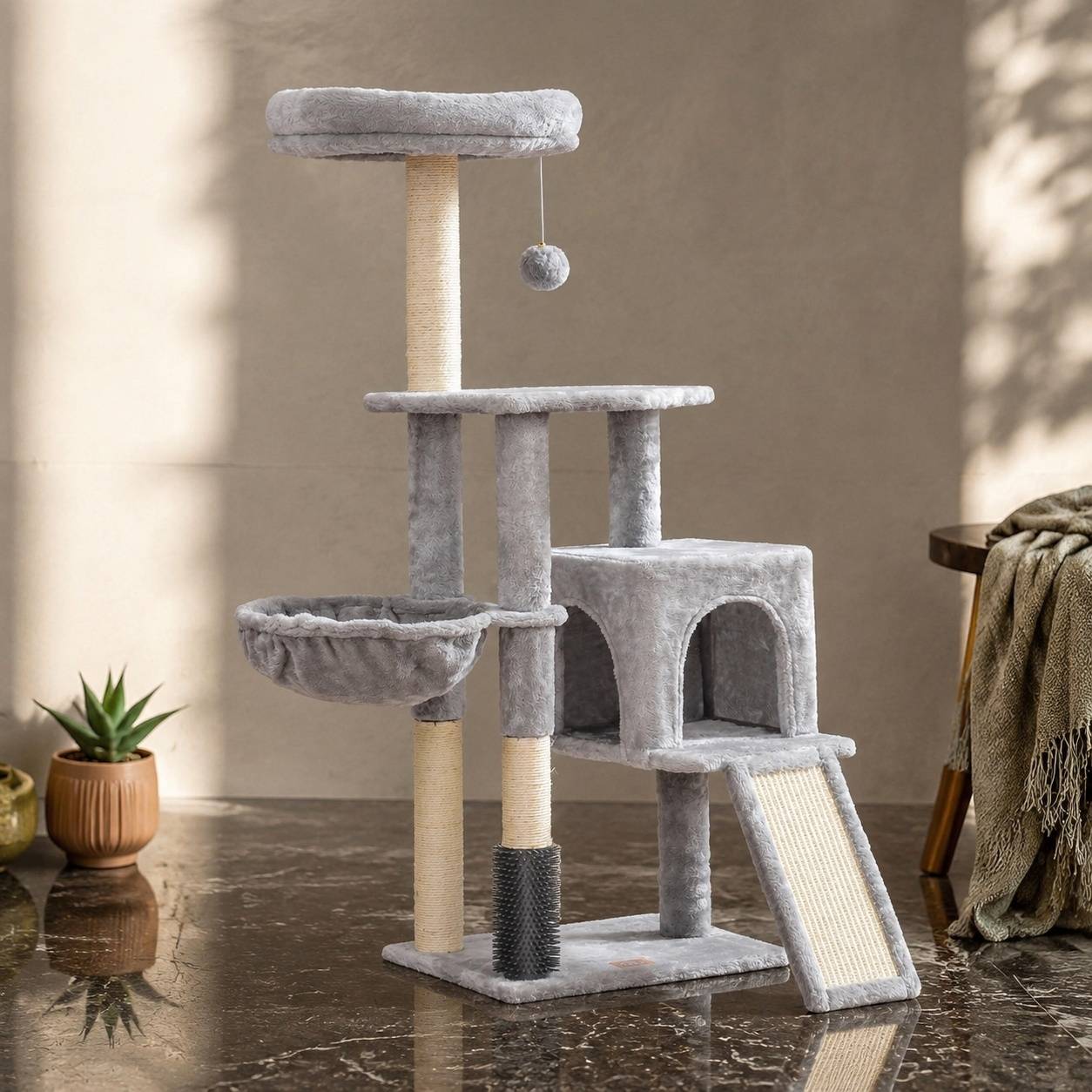 Arbre à Chat Toilettage Automatique Jouet avec Cloches Plateformes Escalade Panier Couchage - Image 8