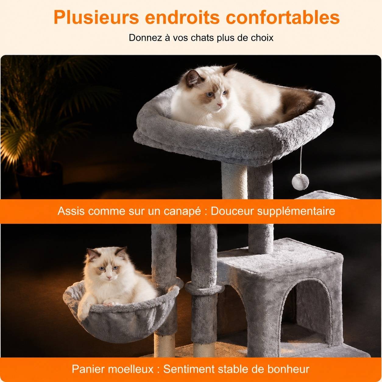 Arbre à Chat Toilettage Automatique Jouet avec Cloches Plateformes Escalade Panier Couchage - Image 4