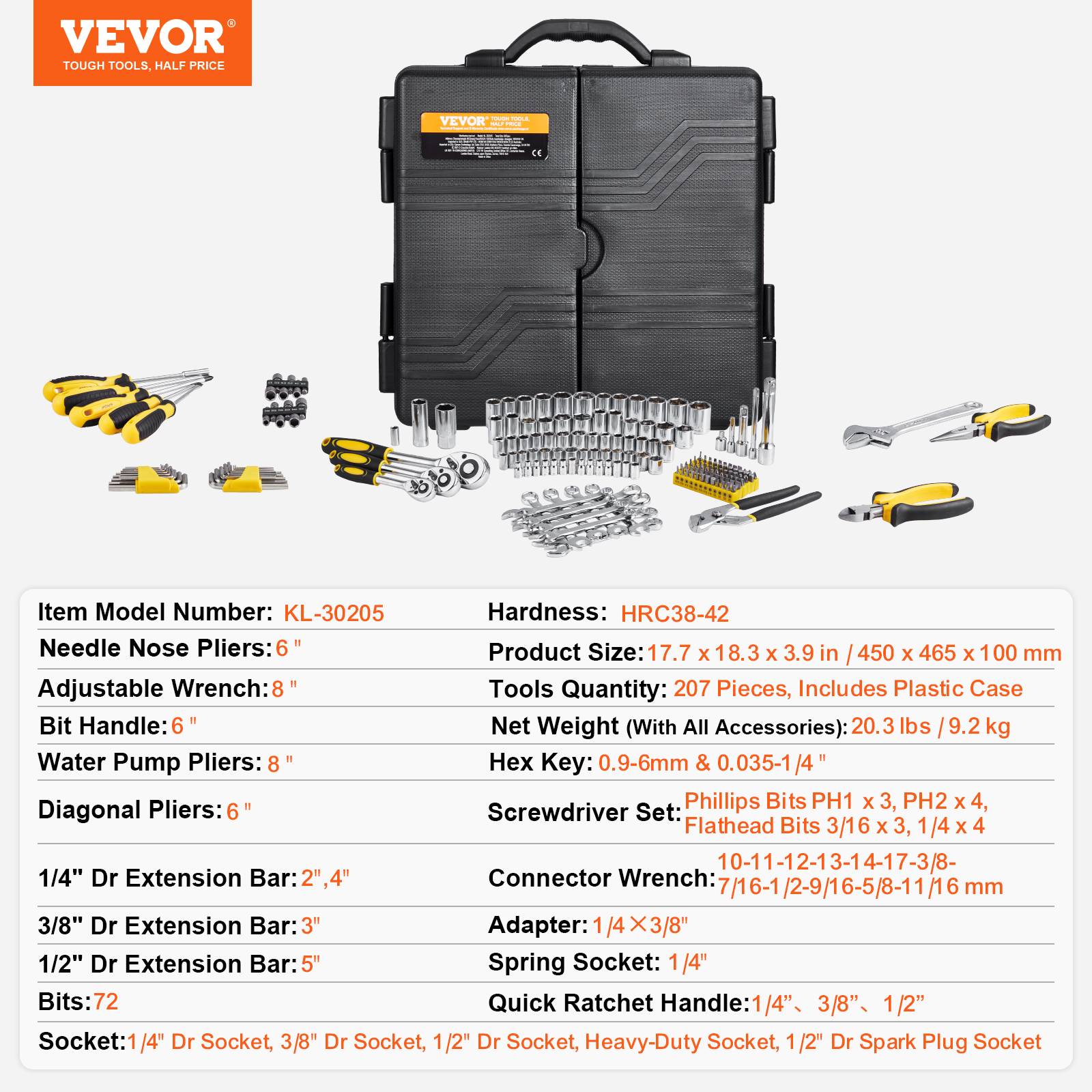 VEVOR Coffret outils mécanicien 207pcs, douilles SAE métrique, réparation auto. - Image 7