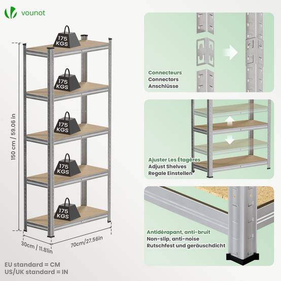 Lot de 2 étagères métalliques charge lourde 875kg - 70x30x150cm - 5 tablettes réglables - rayonnage robuste VOUNOT® - Image 3