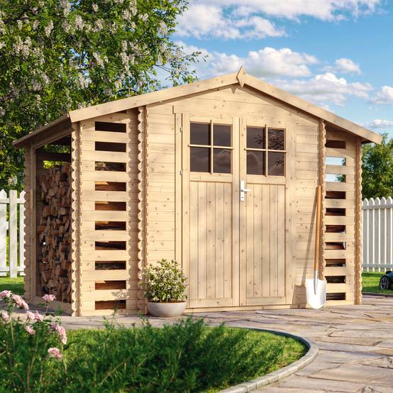 Timbela - Abri de jardin en bois et range bûches extérieur I206xL328xH218 cm/ 3,53+0,97+0,97 m² avec sol traité - 19 mm d’épaisseur - Timbela M391F+M391G - Image 1