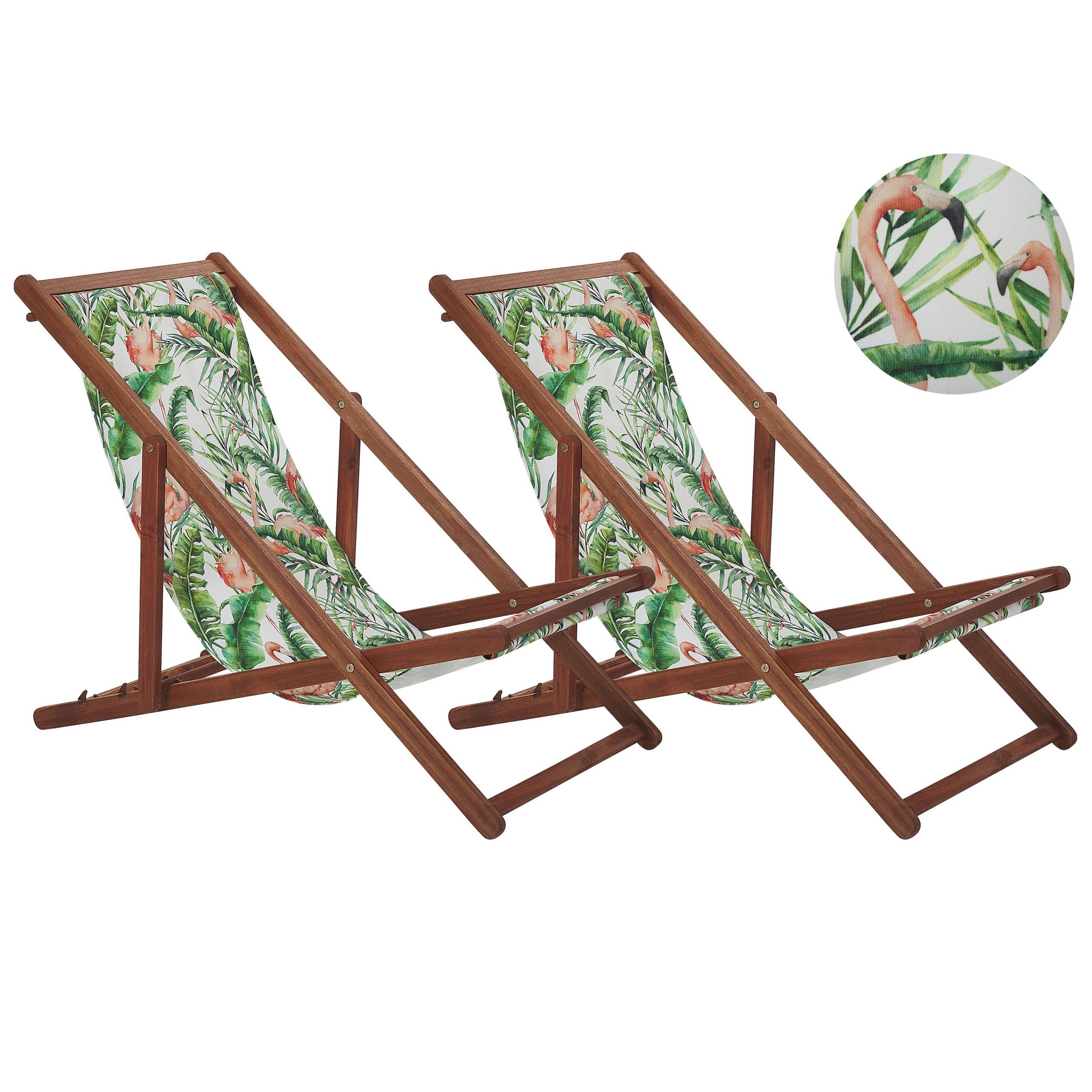 Beliani - 2 Transats Chaises Chiliennes Pliantes et Réglables en Bois d'Acacia Foncé et Textile Vert avec Toiles de Remplacement - Imagen 1