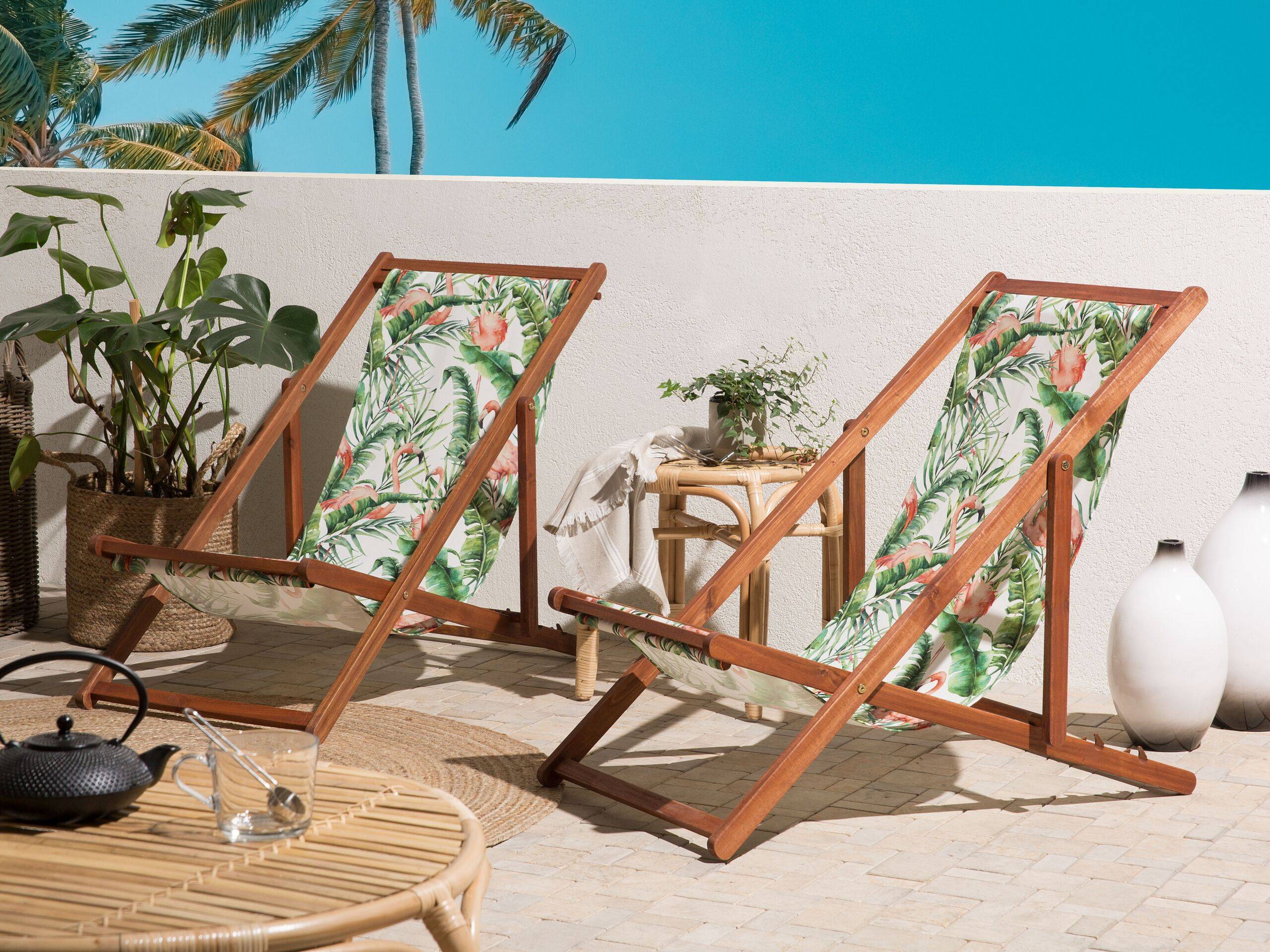Beliani - 2 Transats Chaises Chiliennes Pliantes et Réglables en Bois d'Acacia Foncé et Textile Vert avec Toiles de Remplacement - Imagen 2