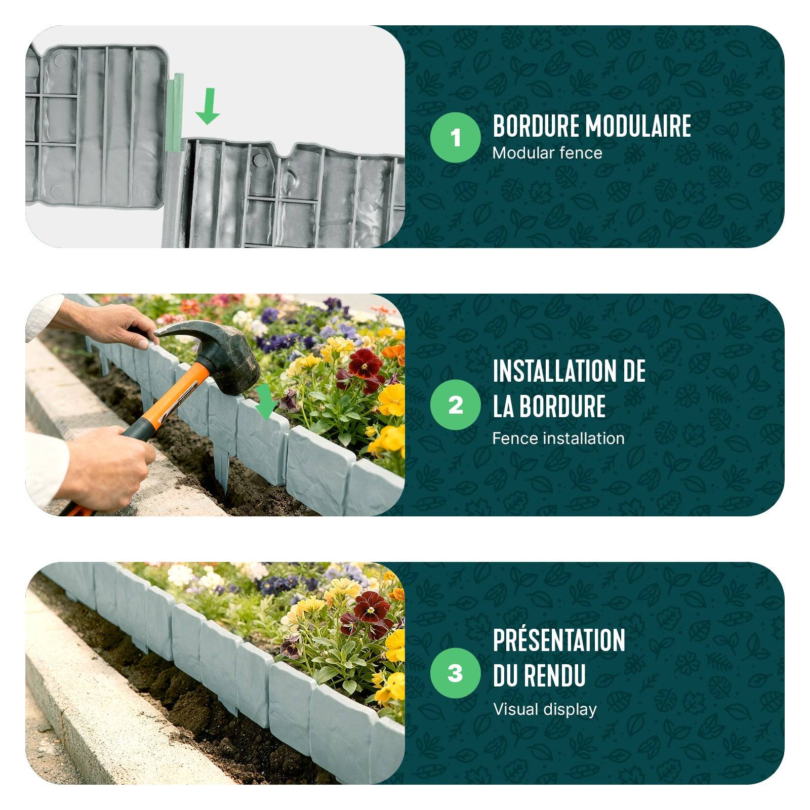 Vounot - Bordure de jardin imitation pierre 2.5m gris clair - Hauteur 23cm - Clôture gazon décorative en PP - VOUNOT® - Image 5