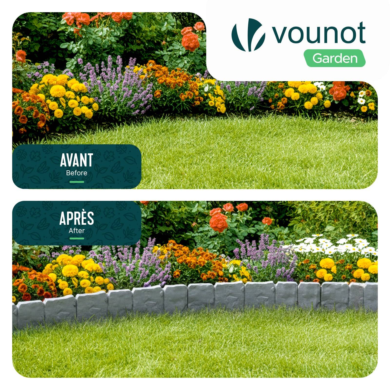 Vounot - Bordure de jardin imitation pierre 2.5m gris clair - Hauteur 23cm - Clôture gazon décorative en PP - VOUNOT® - Image 7