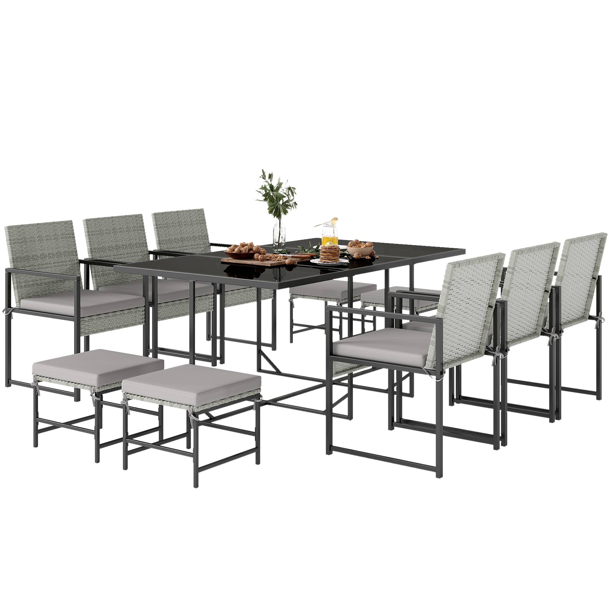 Sans Marque - Ensemble salle à manger extérieur 11 pièces 6 fauteuils 4 poufs gris - Image 2