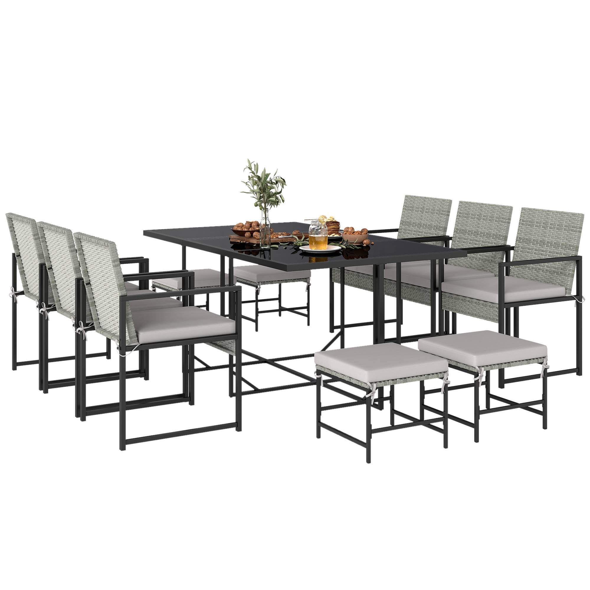 Sans Marque - Ensemble salle à manger extérieur 11 pièces 6 fauteuils 4 poufs gris - Image 1
