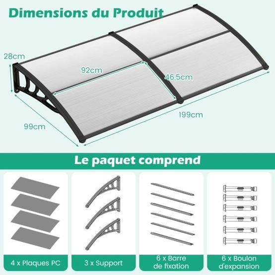 Auvent porte d'entree de 199 x 99 cm marquise de porte et fenêtre extérieur protection contre pluie neige vent gris transparent - Image 3