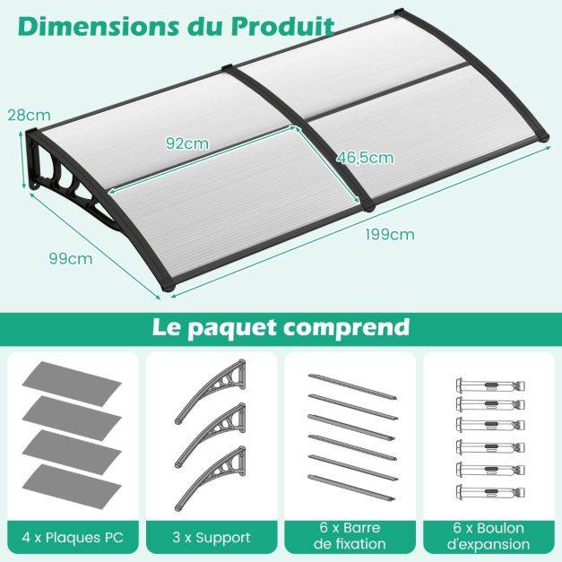 Auvent porte d'entree de 199 x 99 cm marquise de porte et fenêtre extérieur protection contre pluie neige vent gris transparent - Image 3