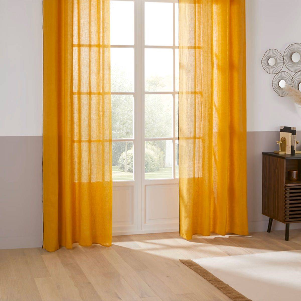 Atmosphera - Rideau à œillets en Lin Jaune Ocre avec surpiqûre noire 130 x 260 cm - Imagen 2