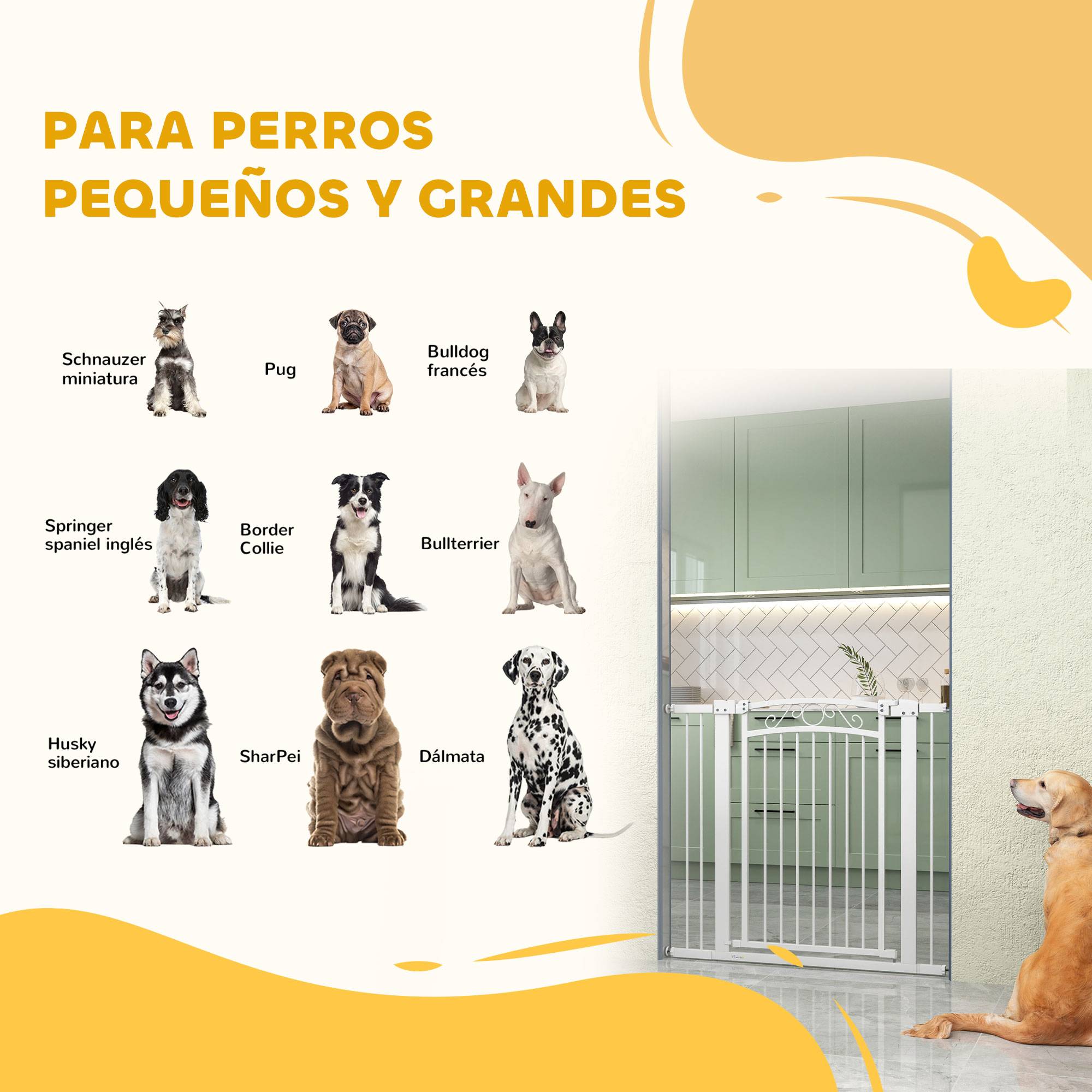 Barrière pour chien à largeur réglable (76-104 cm), avec 2 extensions et double système de verrouillage, blanche. - Image 6