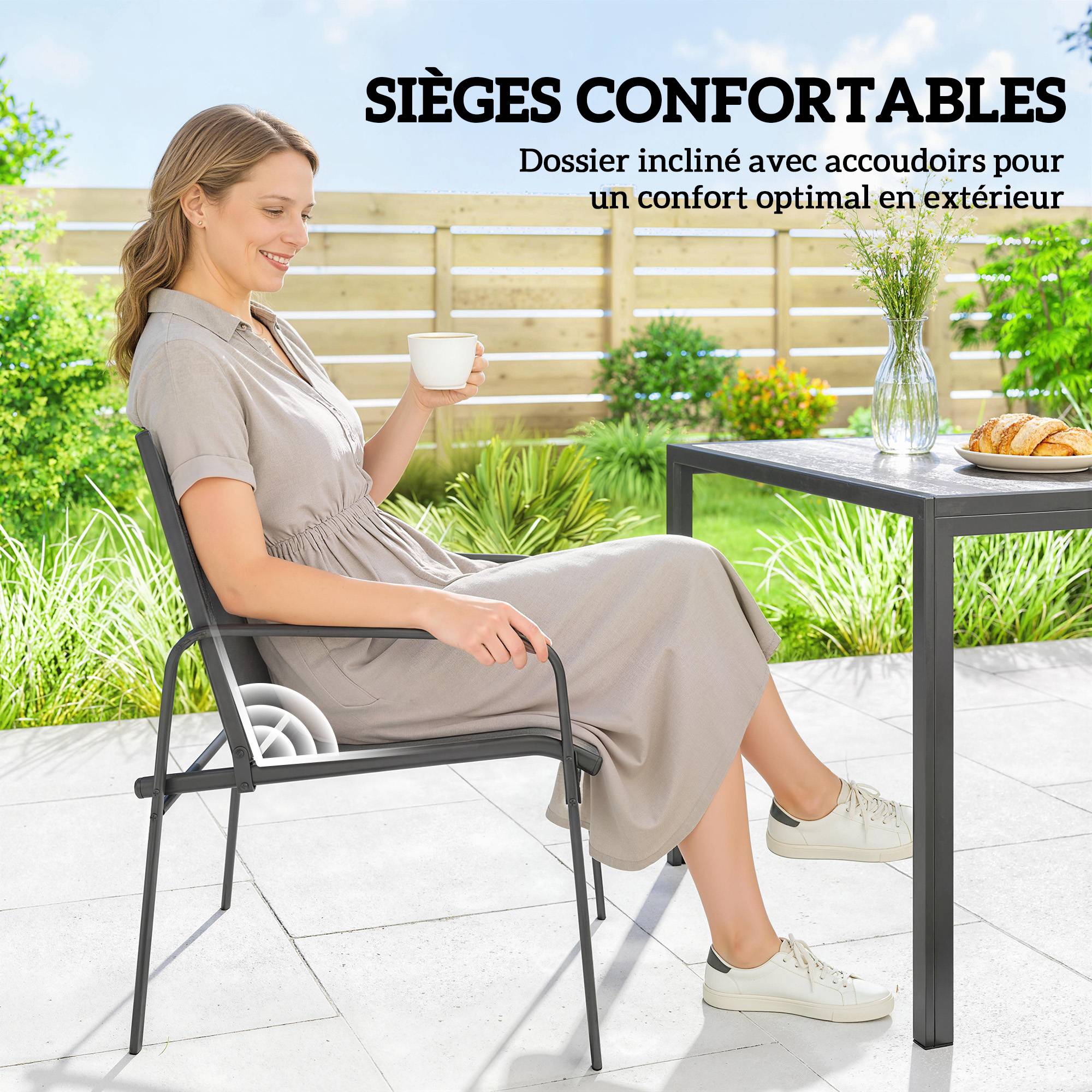 ComfortXL - Salon jardin 7 pièces acier terrasse plateau effet bois 150cm noir - ComfortXL Outdoor Living - Image 8