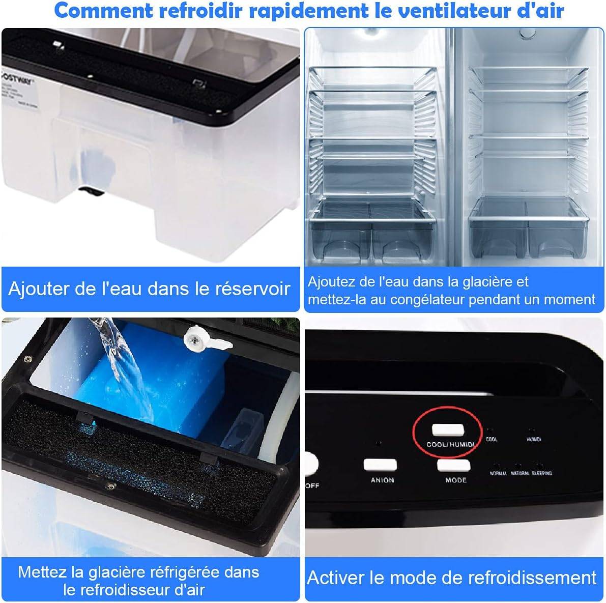 Rafraîchisseur d'Air Climatiseur Mobile Silencieux 4 en 1 avec Télécommande, 3 Modes et 3 Vitesses Variables Fonction d'Oscillation Automatique à 70° - Image 8