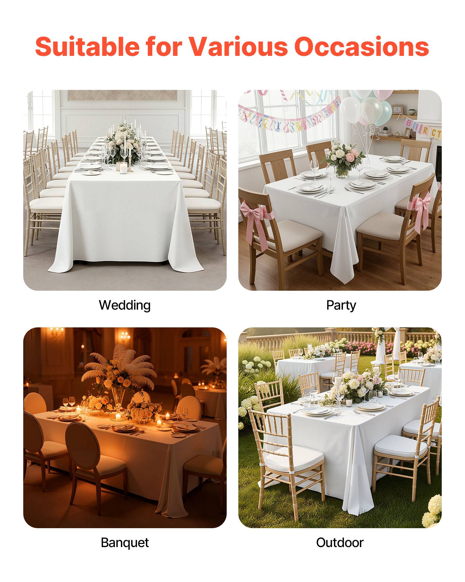 VEVOR Nappe rectangulaire blanche en polyester 2286 x 3353 mm 6 pcs pour mariage - Image 7
