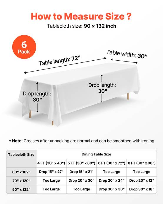 VEVOR Nappe rectangulaire blanche en polyester 2286 x 3353 mm 6 pcs pour mariage - Image 5