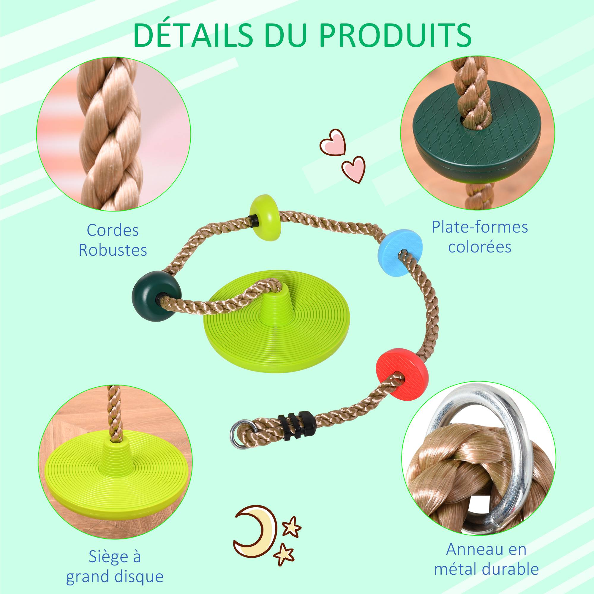 Homcom - Corde d'escalade avec siège de balançoire rond 2 m pour enfant - usage intérieur/extérieur - charge max. 100 Kg - PP rouge bleu vert - HOMCOM - Imagen 4