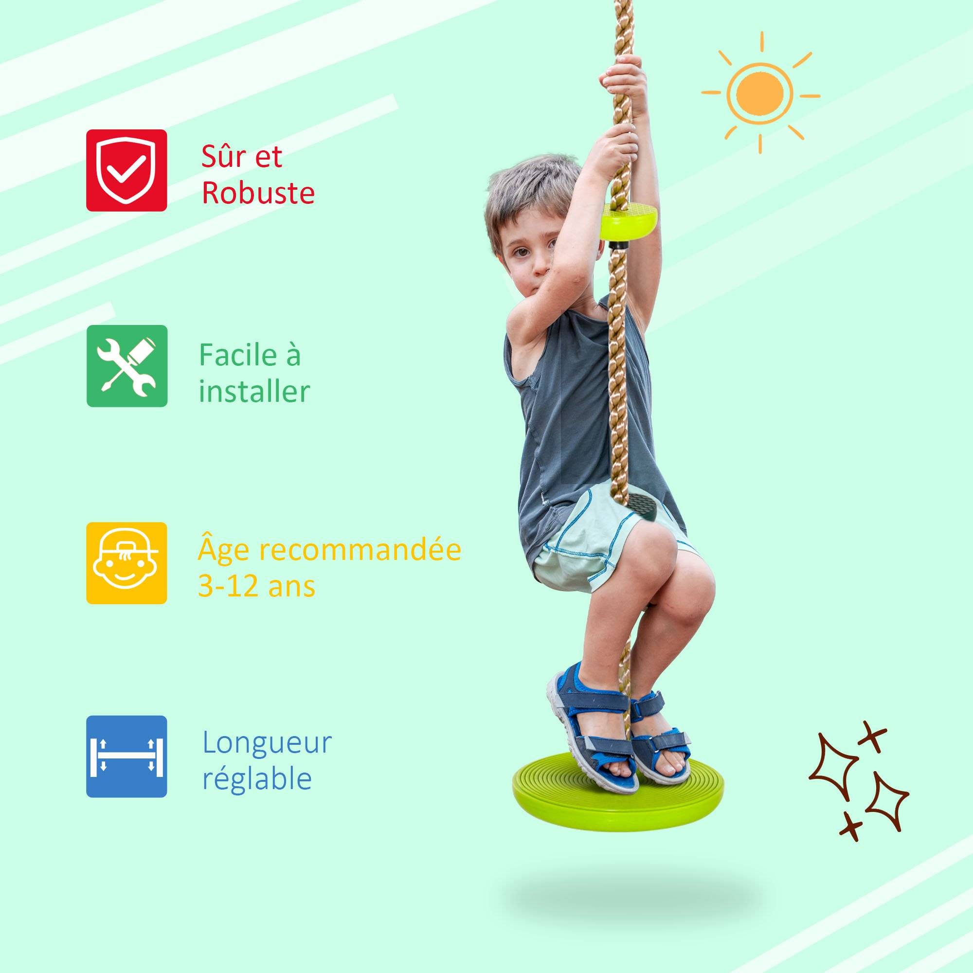 Homcom - Corde d'escalade avec siège de balançoire rond 2 m pour enfant - usage intérieur/extérieur - charge max. 100 Kg - PP rouge bleu vert - HOMCOM - Imagen 6
