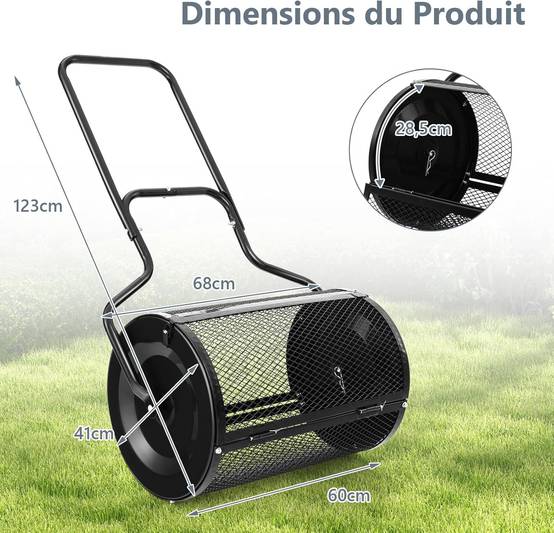 COSTWAY Épandeur à Compost de 60 cm Rouleau en Treillis Métallique, Épandeur de Gazon avec Poignée en Forme de ‘U’ Loquets Latéraux, Noir - Image 5