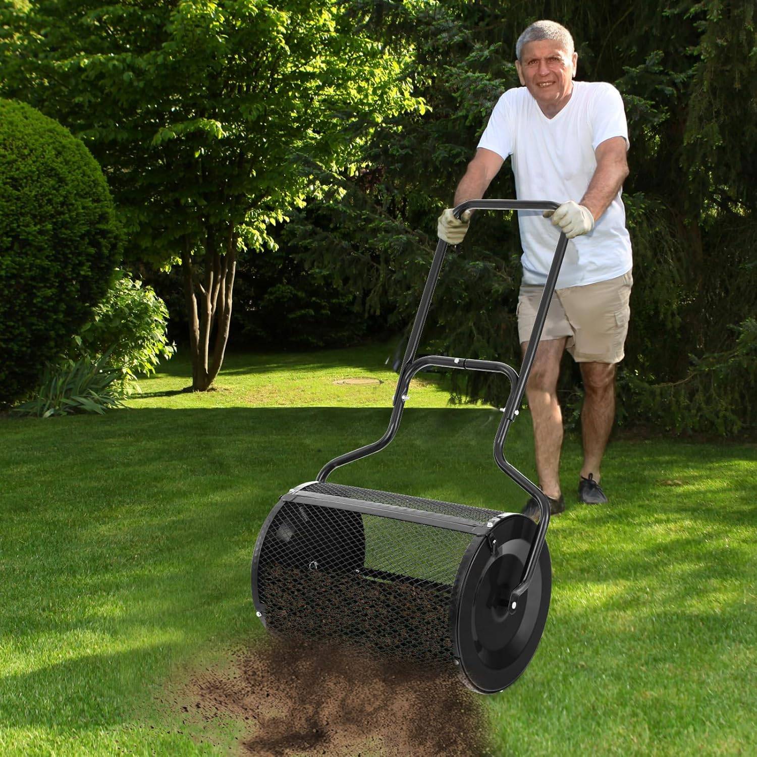 COSTWAY Épandeur à Compost de 60 cm Rouleau en Treillis Métallique, Épandeur de Gazon avec Poignée en Forme de ‘U’ Loquets Latéraux, Noir - Image 2