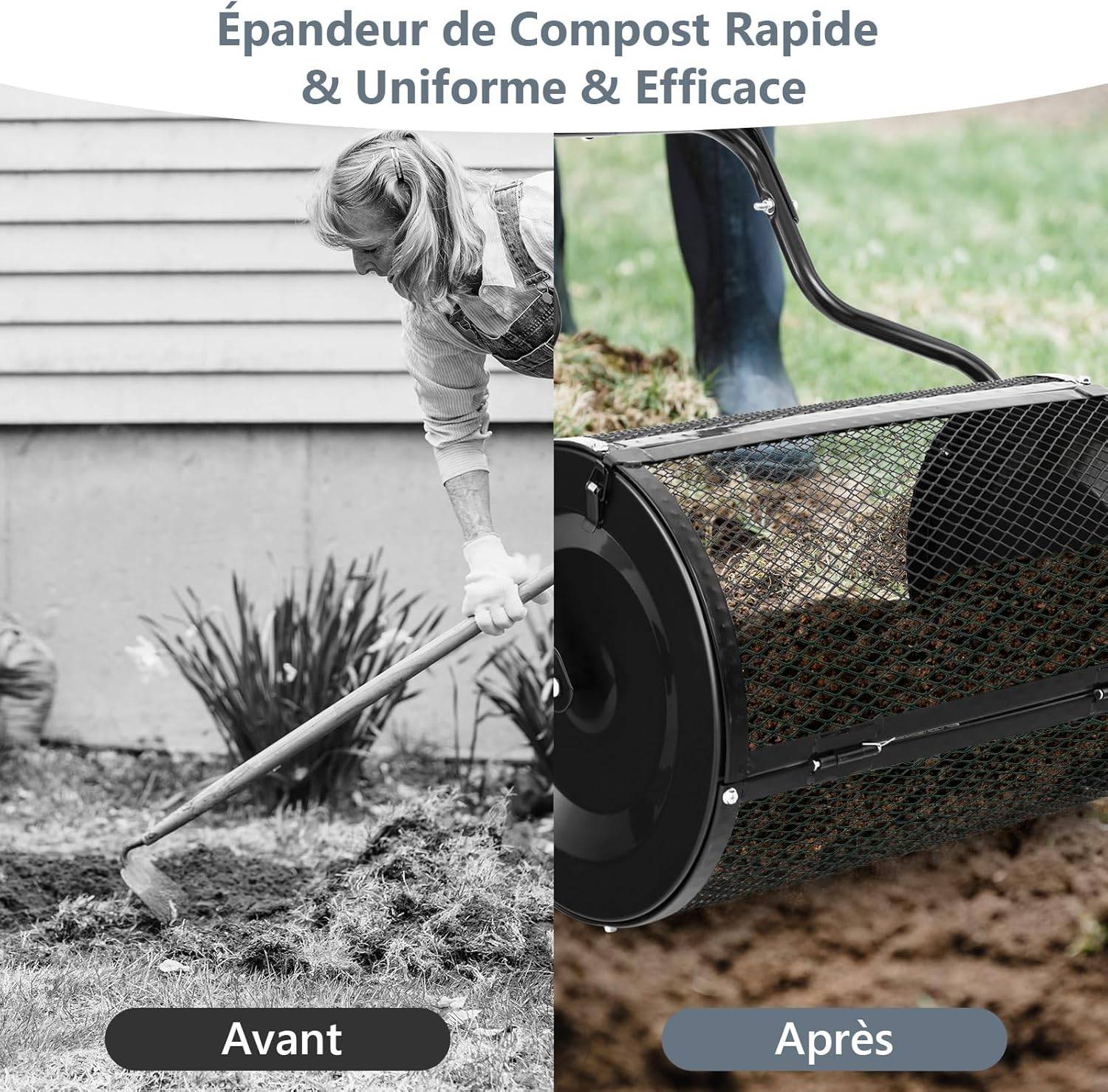 COSTWAY Épandeur à Compost de 60 cm Rouleau en Treillis Métallique, Épandeur de Gazon avec Poignée en Forme de ‘U’ Loquets Latéraux, Noir - Image 7