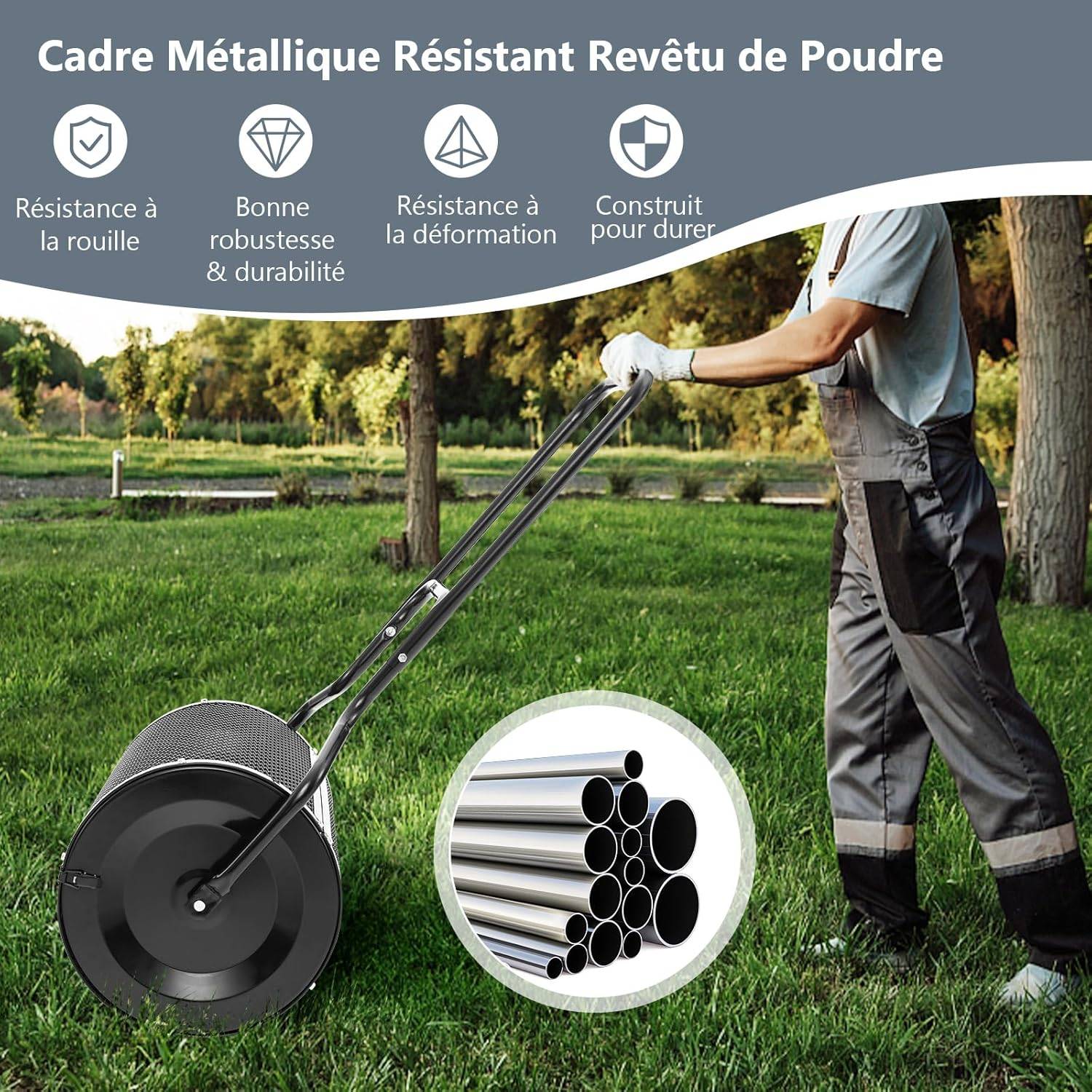 COSTWAY Épandeur à Compost de 60 cm Rouleau en Treillis Métallique, Épandeur de Gazon avec Poignée en Forme de ‘U’ Loquets Latéraux, Noir - Image 8