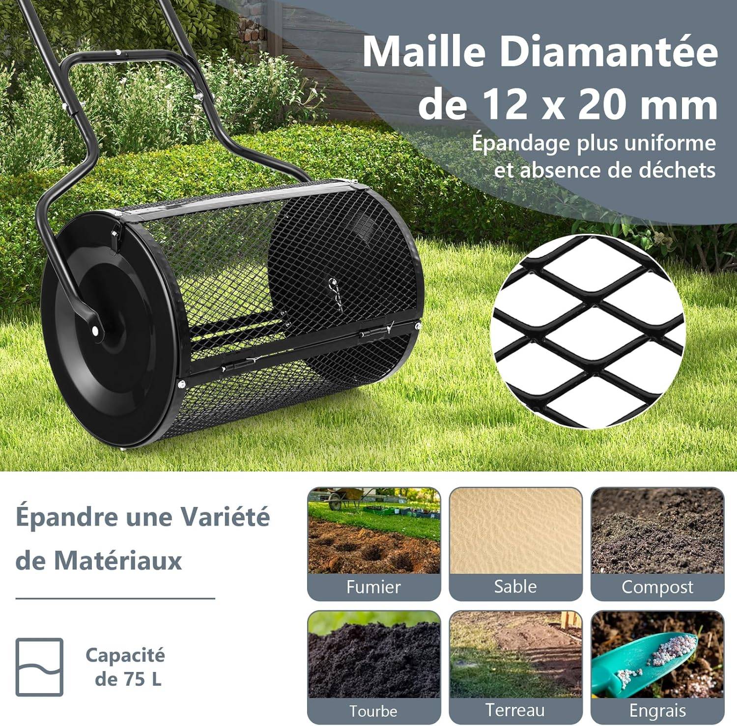 COSTWAY Épandeur à Compost de 60 cm Rouleau en Treillis Métallique, Épandeur de Gazon avec Poignée en Forme de ‘U’ Loquets Latéraux, Noir - Image 4