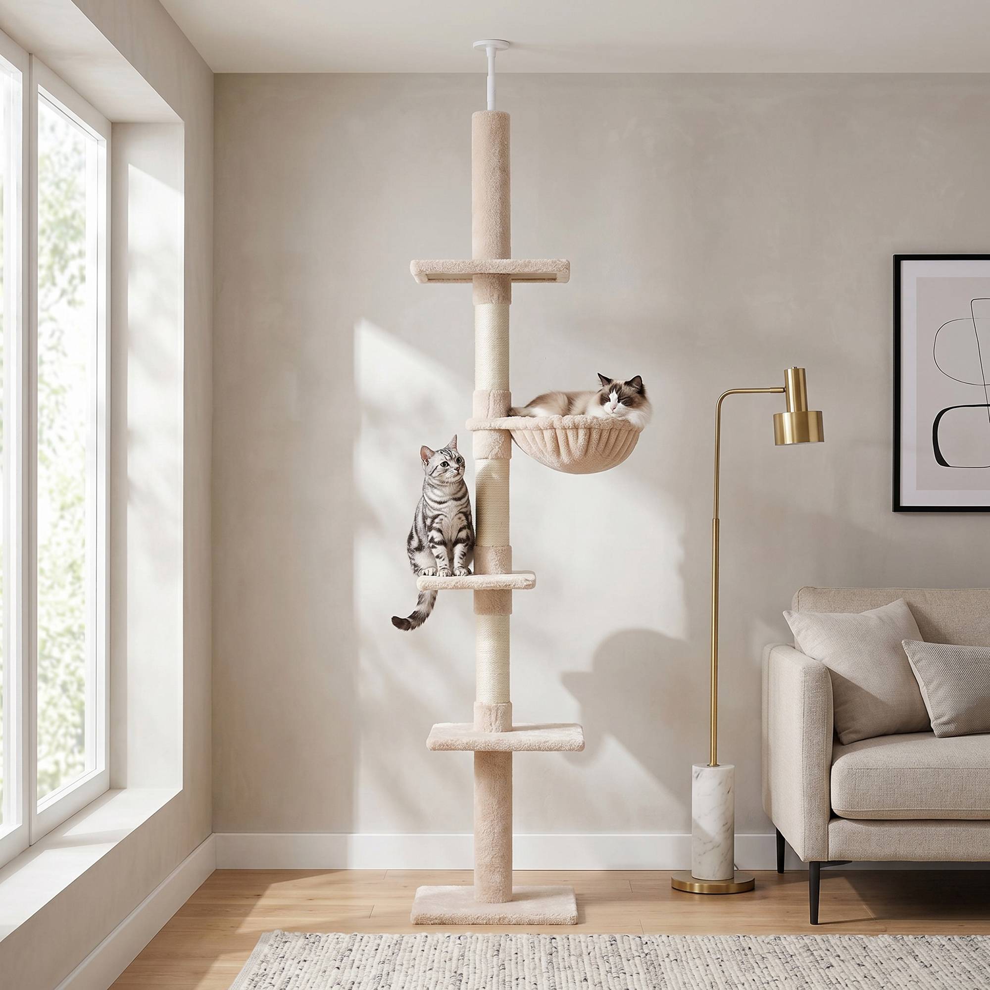 Arbre à chat du sol au plafond 230-260 cm avec hauteur réglable, plateformes, hamac et poteaux en sisal, beige - Image 3