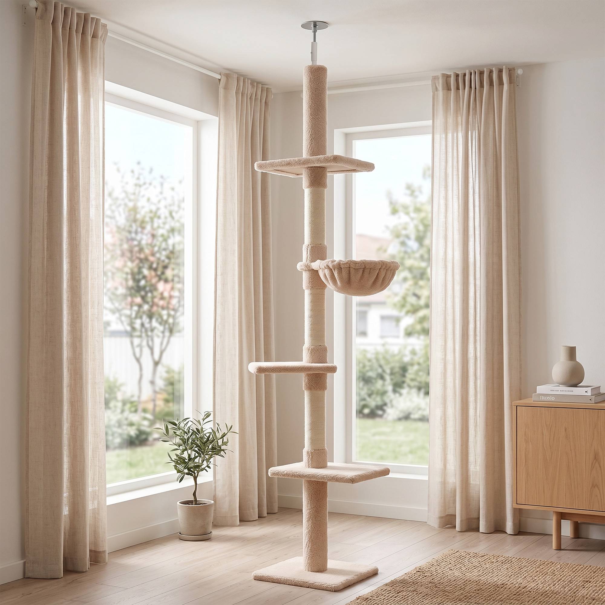Arbre à chat du sol au plafond 230-260 cm avec hauteur réglable, plateformes, hamac et poteaux en sisal, beige - Image 4