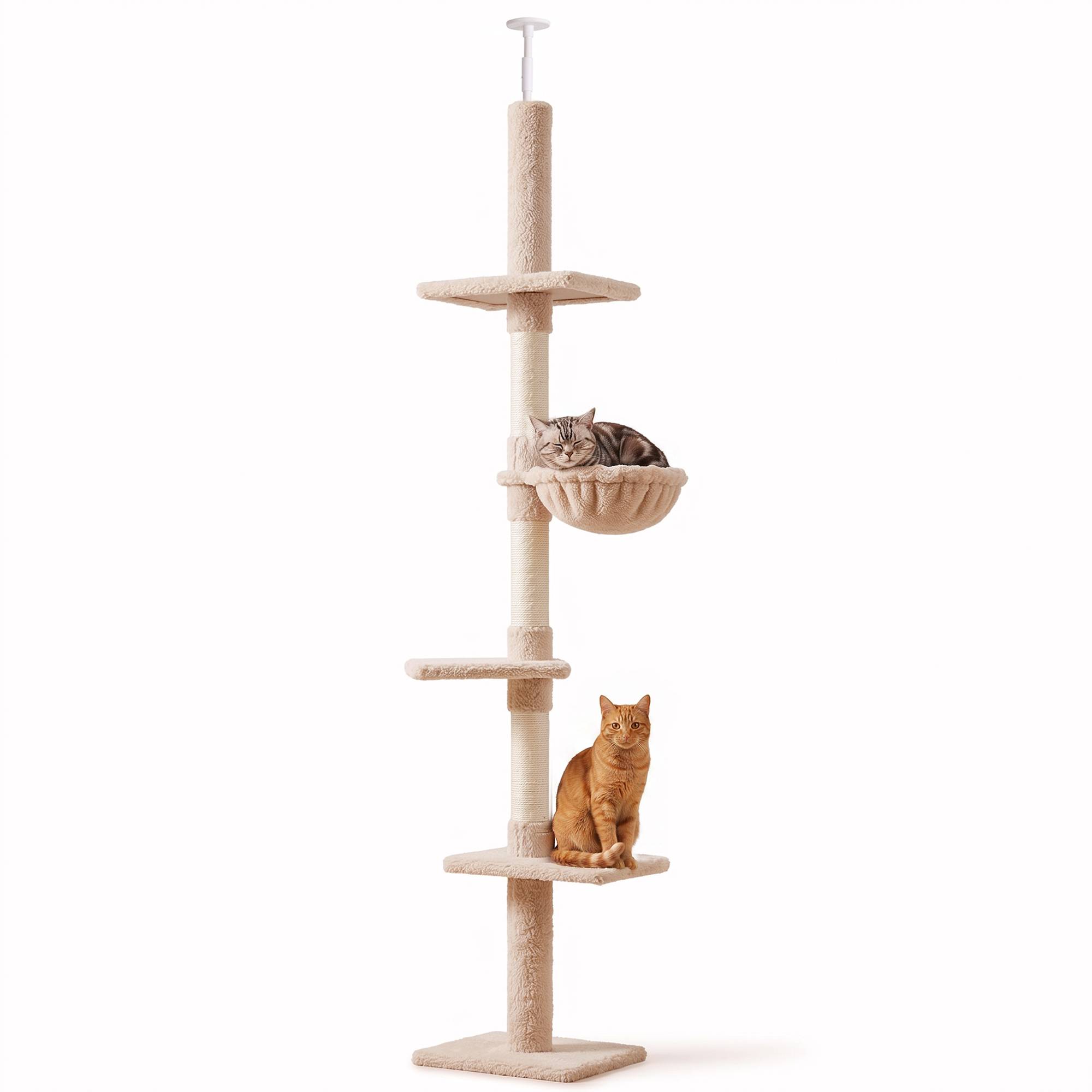 Arbre à chat du sol au plafond 230-260 cm avec hauteur réglable, plateformes, hamac et poteaux en sisal, beige - Image 1