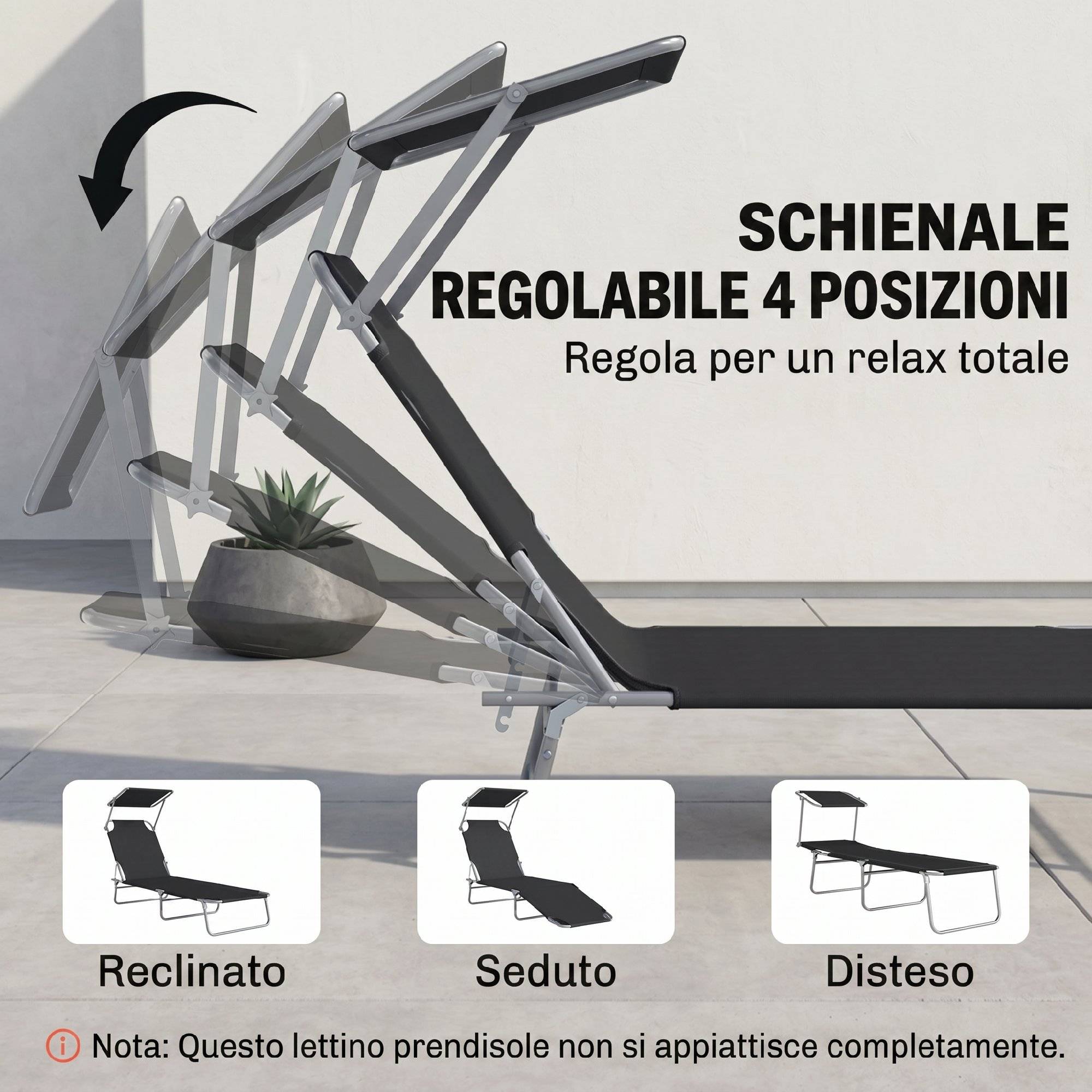 Transat de jardin pliable et réglable avec auvent en tissu noir, 187 x 58 x 50 cm - Image 7