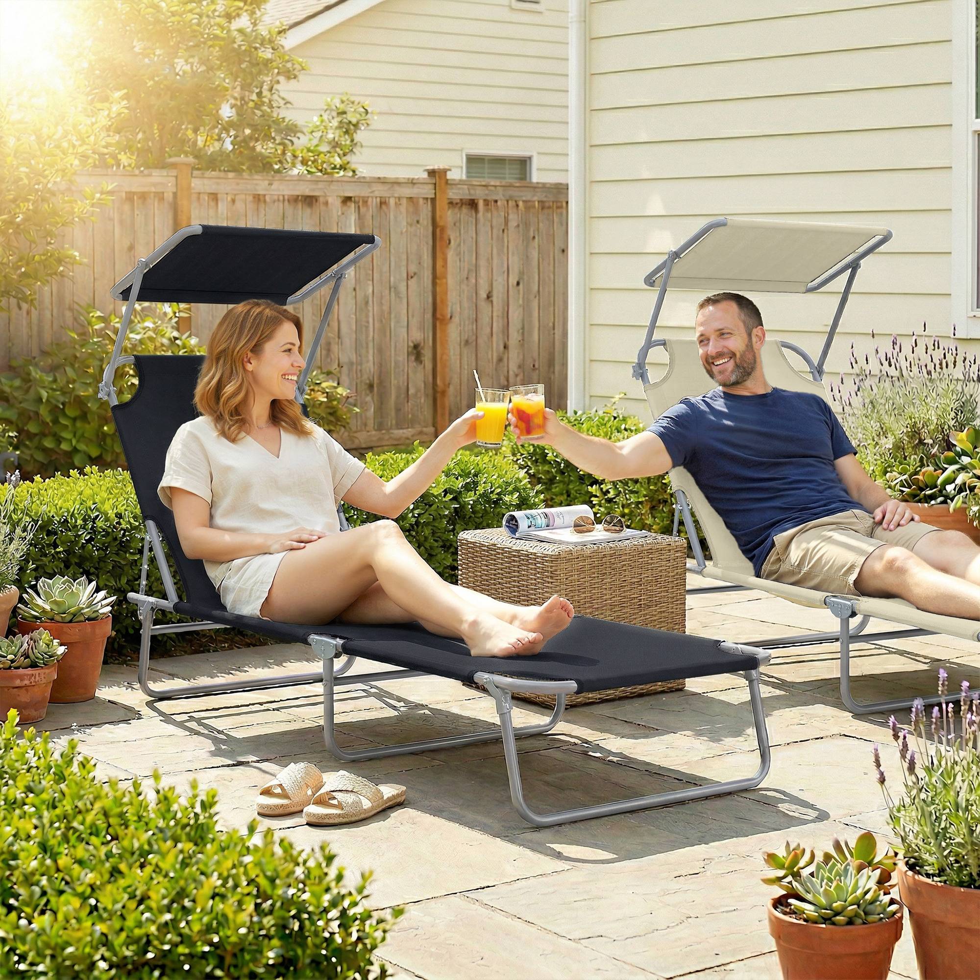 Transat de jardin pliable et réglable avec auvent en tissu noir, 187 x 58 x 50 cm - Image 4