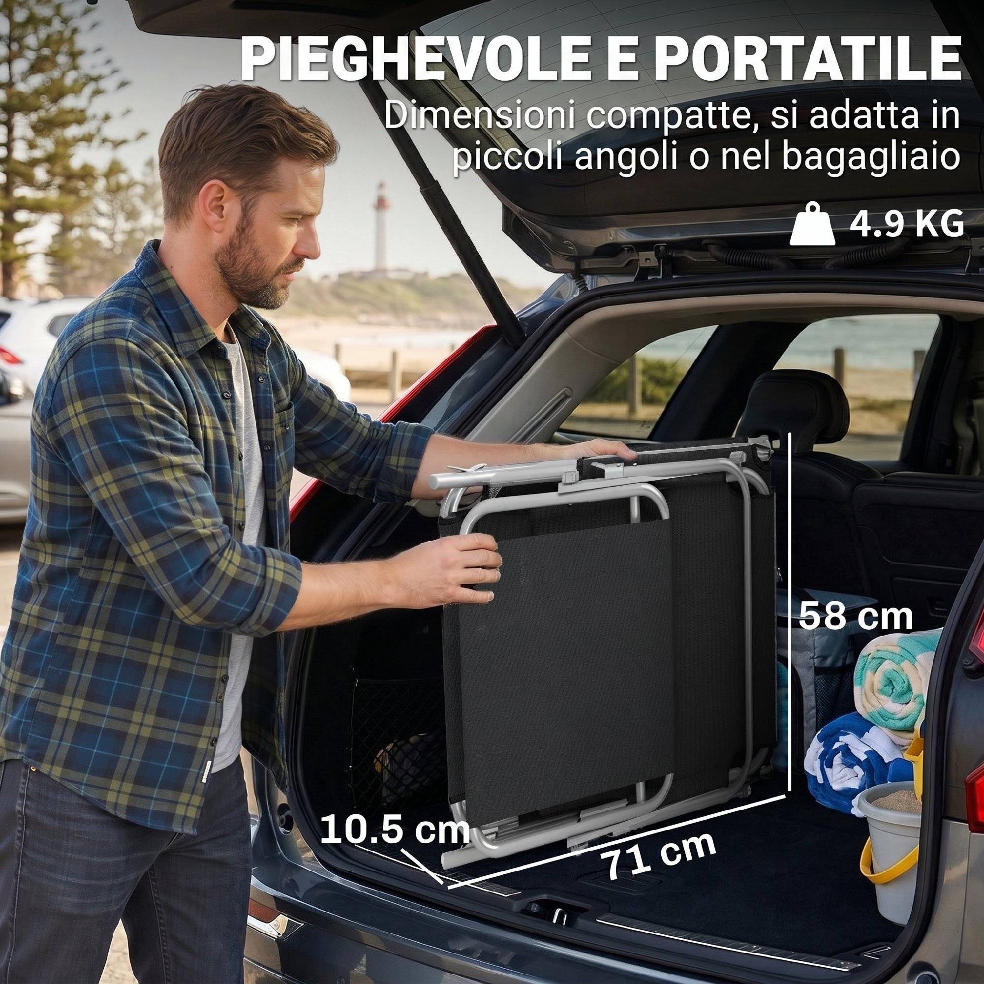 Transat de jardin pliable et réglable avec auvent en tissu noir, 187 x 58 x 50 cm - Image 9