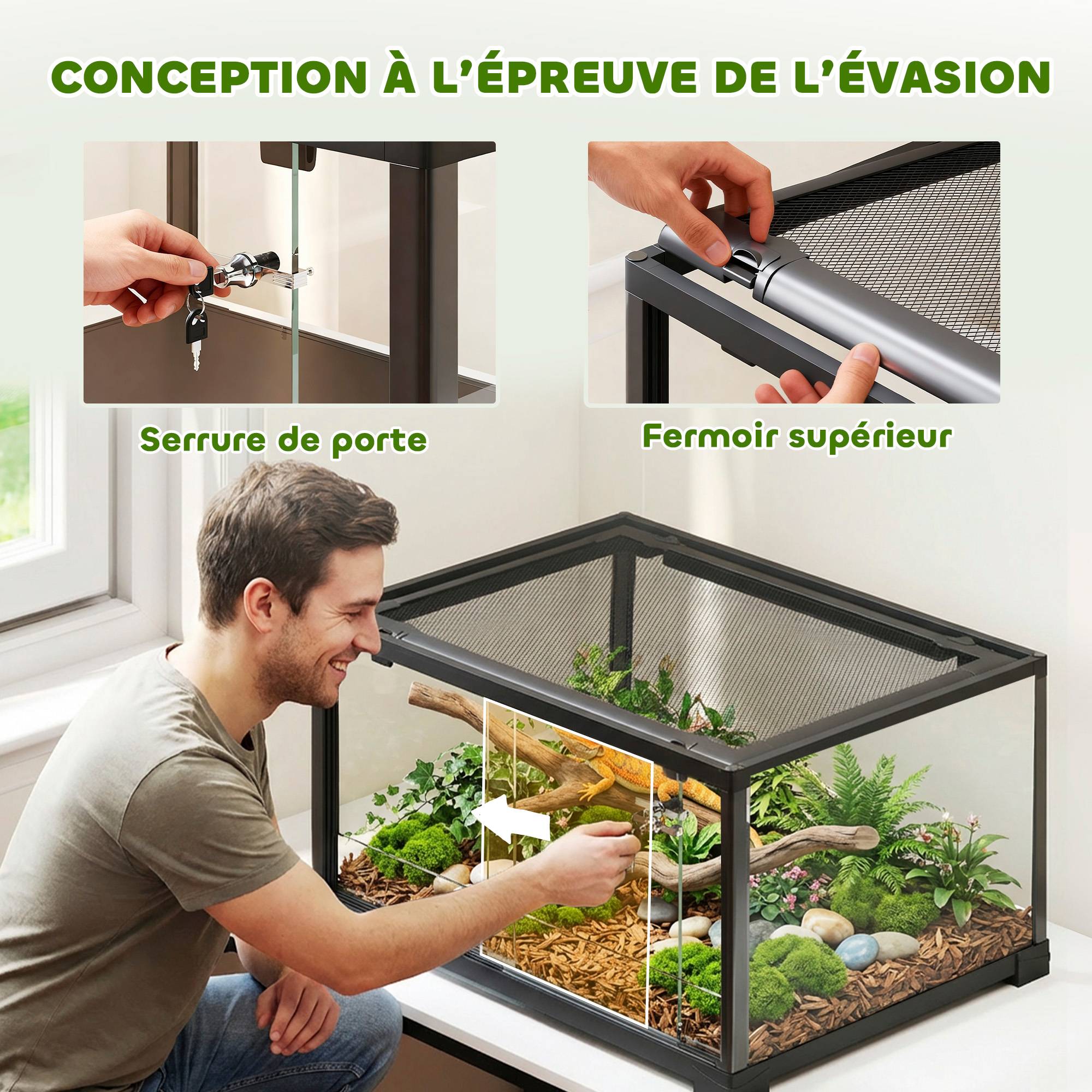 Terrarium en verre pour reptile enclos pour hamster 86 L ventilation supérieure porte coulissante 50,8x30,5x35,6cm noir - Image 6