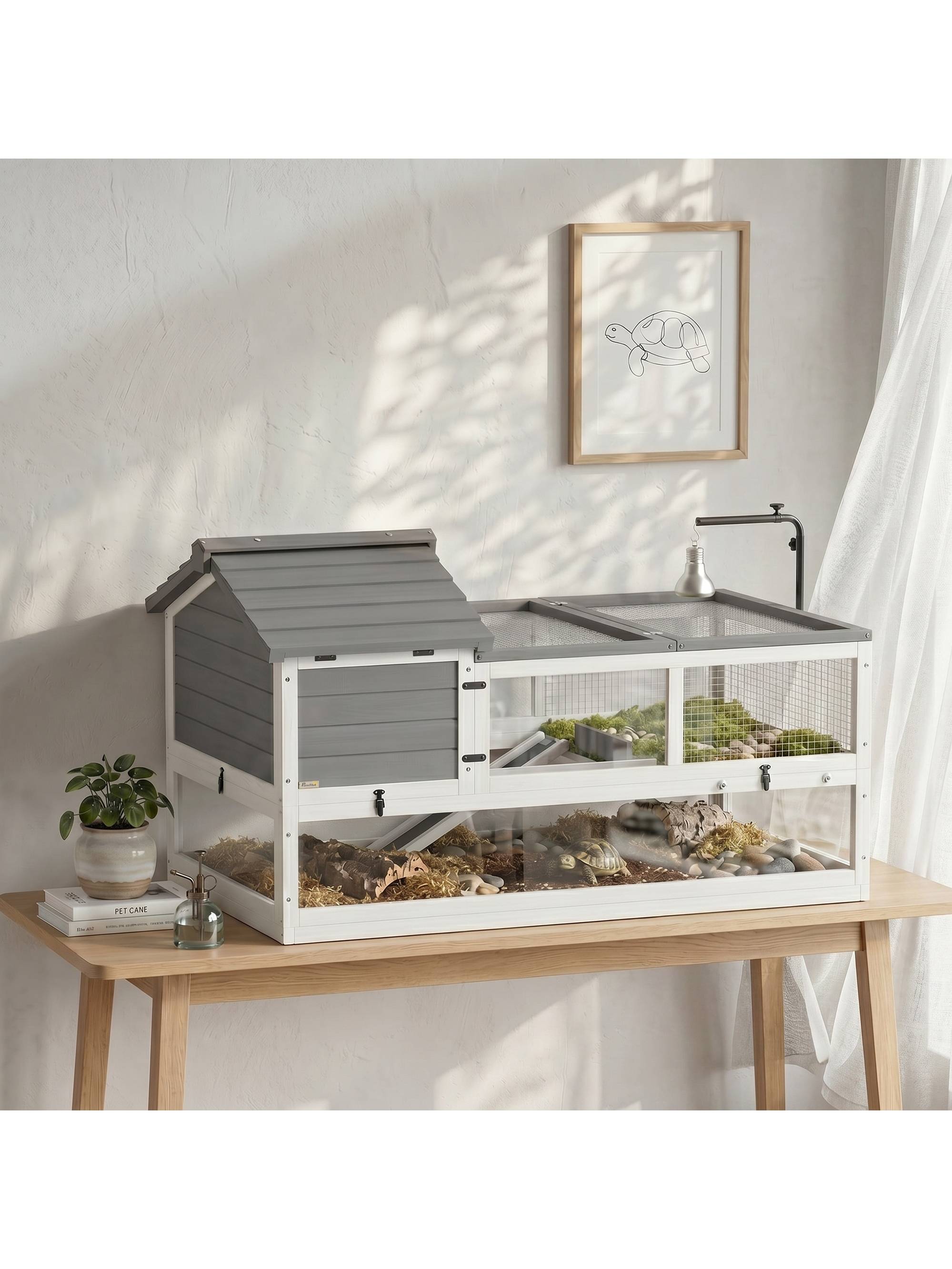 ComfortXL - Enclos tortue bois de sapin gris 116 x 70,5 x 69,5 cm habitat 2 niveaux intérieur extérieur avec terrasse - Image 10