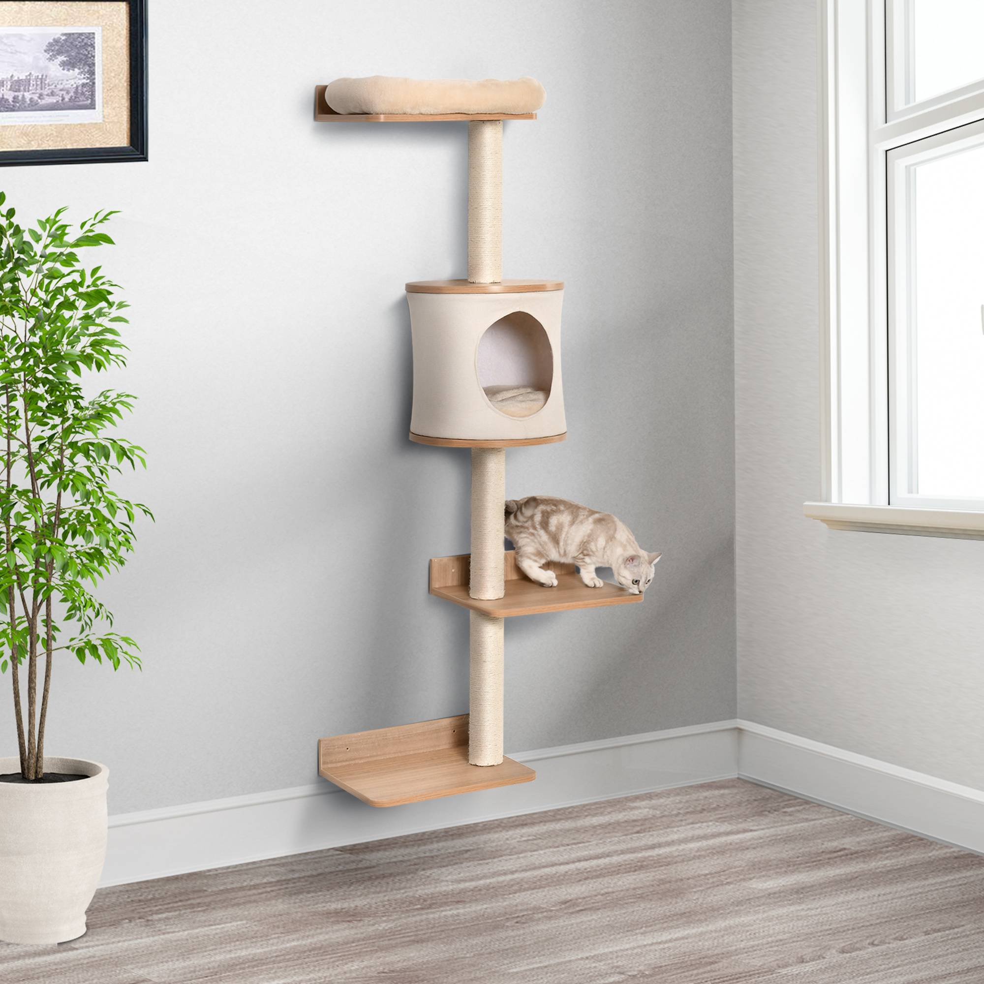 Arbre à Chat Mural 38 x 30 x 149 cm avec Plateformes Bois, Grotte, Couchage Haut, Coussin Amovible et Sisal, Beige/Chêne - Image 3