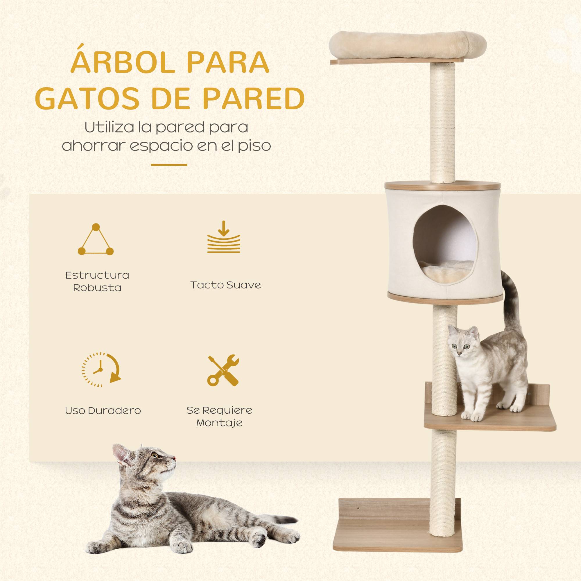 Arbre à Chat Mural 38 x 30 x 149 cm avec Plateformes Bois, Grotte, Couchage Haut, Coussin Amovible et Sisal, Beige/Chêne - Image 6