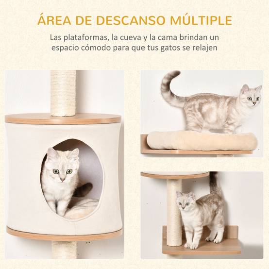 Arbre à Chat Mural 38 x 30 x 149 cm avec Plateformes Bois, Grotte, Couchage Haut, Coussin Amovible et Sisal, Beige/Chêne - Image 7
