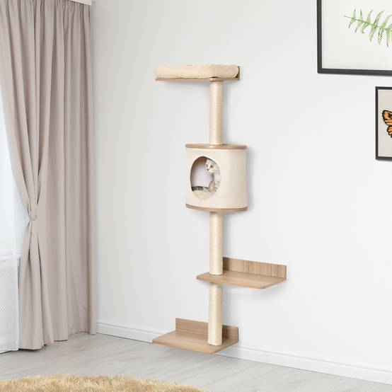 Arbre à Chat Mural 38 x 30 x 149 cm avec Plateformes Bois, Grotte, Couchage Haut, Coussin Amovible et Sisal, Beige/Chêne - Image 4