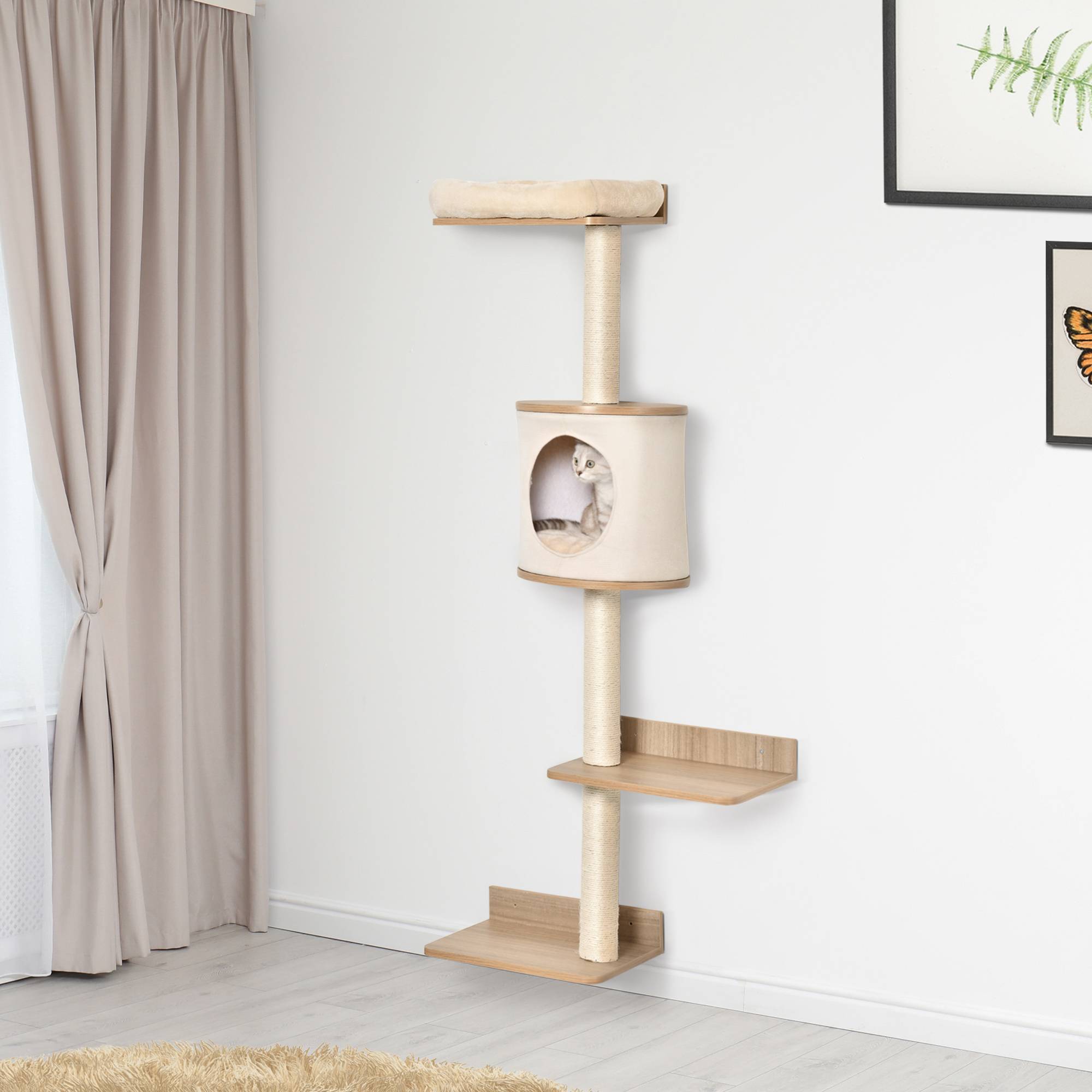 Arbre à Chat Mural 38 x 30 x 149 cm avec Plateformes Bois, Grotte, Couchage Haut, Coussin Amovible et Sisal, Beige/Chêne - Image 4