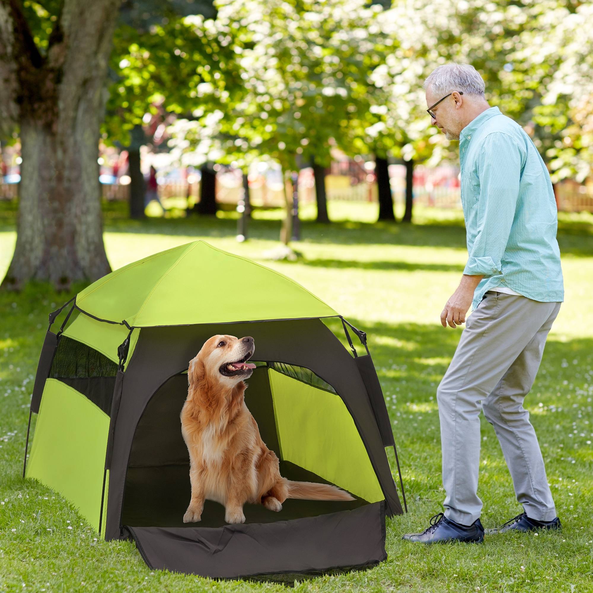 Tente Chien Chat Polyester Jardin Camping Pop-Up Protection Solaire 120cm Vert - ComfortXL Pet Living - Image 1