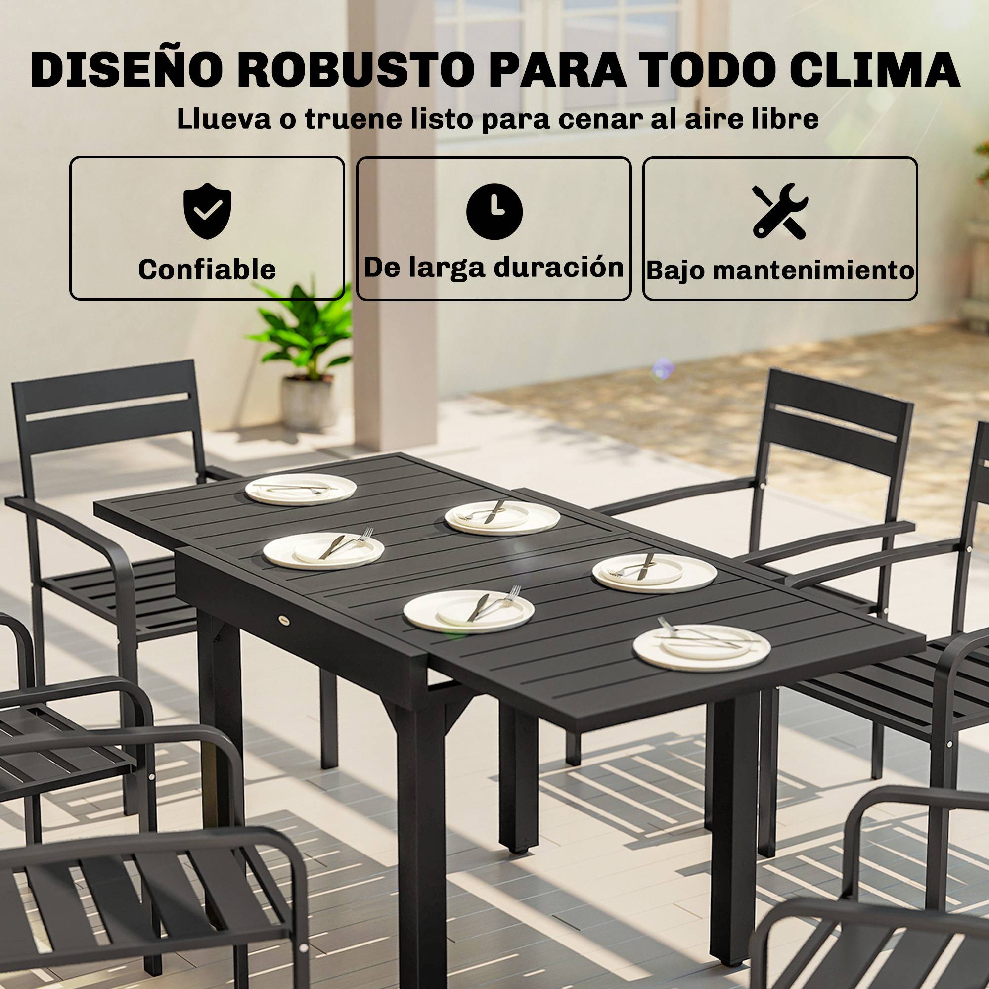 Table à manger extérieure extensible 80/160 cm pour 4-6 personnes, table de jardin rectangulaire terrasse noir - Image 8