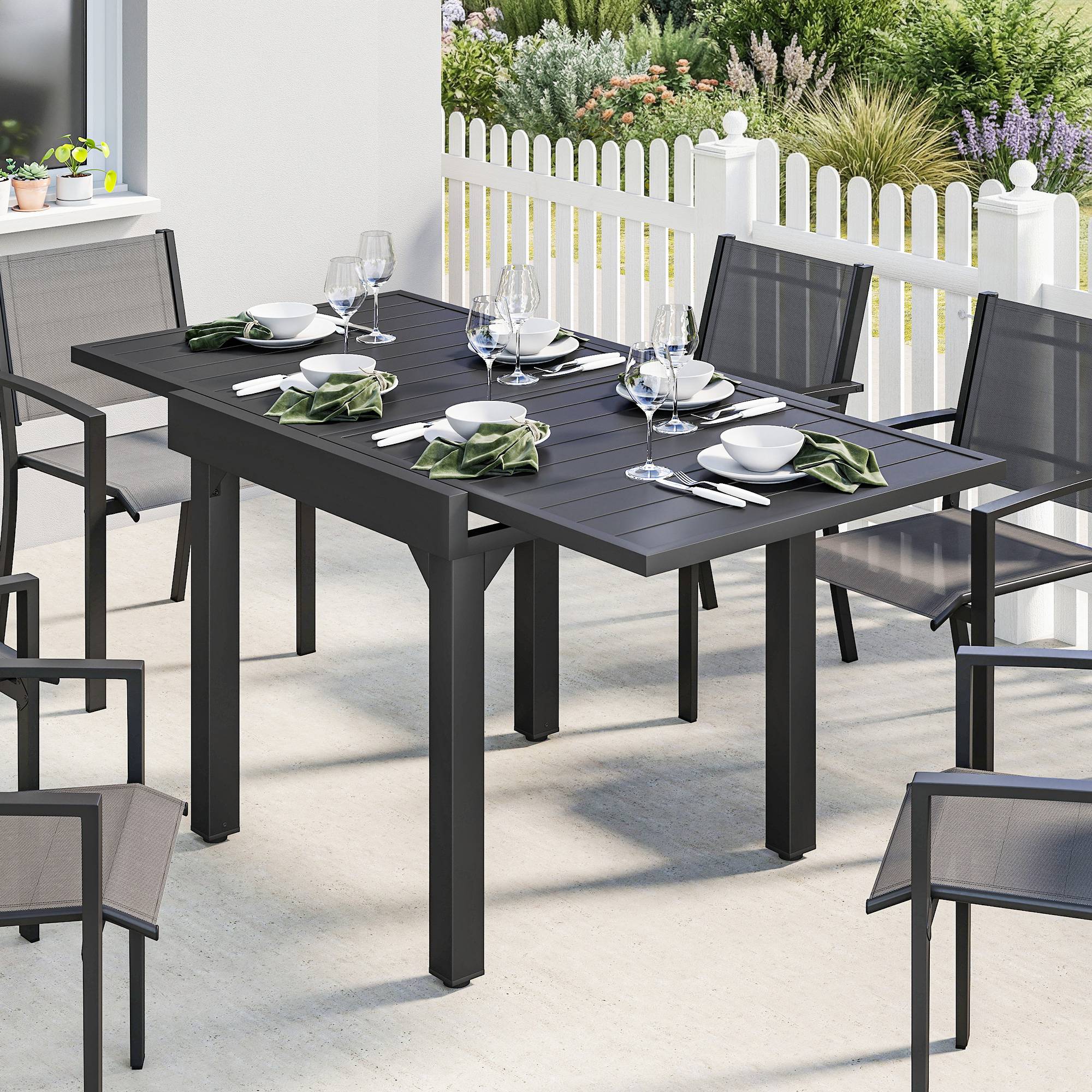 Table à manger extérieure extensible 80/160 cm pour 4-6 personnes, table de jardin rectangulaire terrasse noir - Image 3