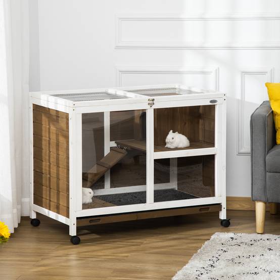Clapier bois sapin intérieur pour lapins avec toit ouvrant 91x53x73cm marron - ComfortXL Outdoor Living - Image 3