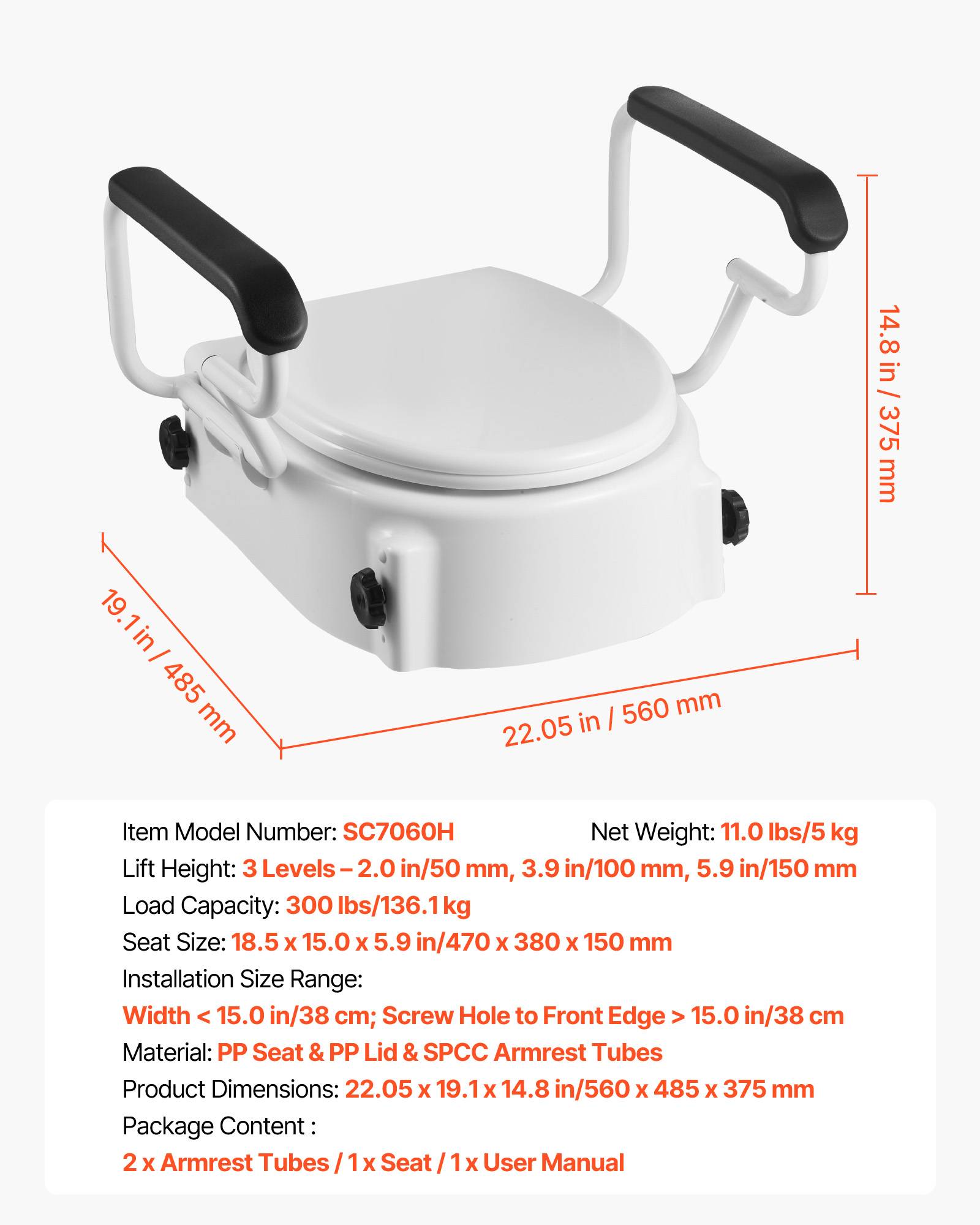 Vevor - VEVOR Rehausseur de toilette réglable 3 niveaux, accoudoirs rembourrés, capacité 136,1 kg, installation sans perçage, couleur blanche. - Image 6