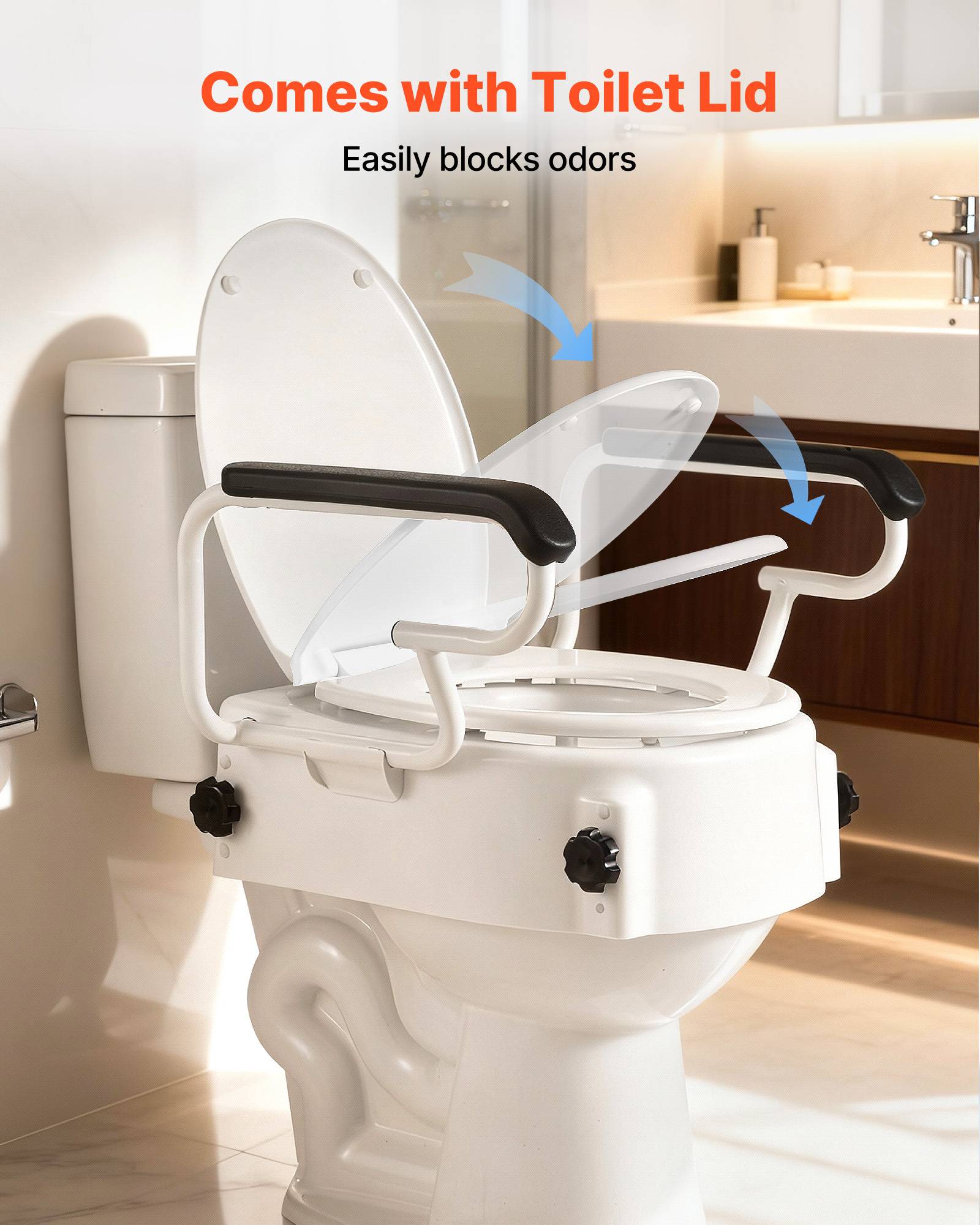 Vevor - VEVOR Rehausseur de toilette réglable 3 niveaux, accoudoirs rembourrés, capacité 136,1 kg, installation sans perçage, couleur blanche. - Image 5