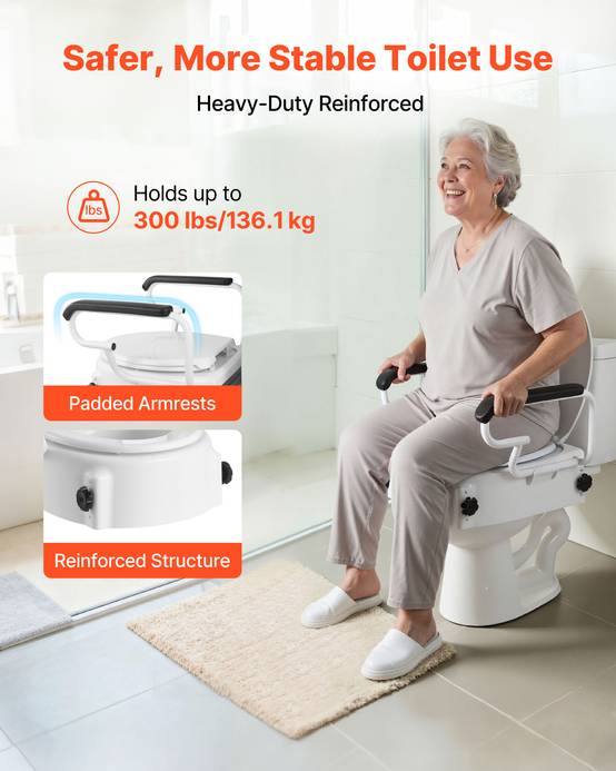 Vevor - VEVOR Rehausseur de toilette réglable 3 niveaux, accoudoirs rembourrés, capacité 136,1 kg, installation sans perçage, couleur blanche. - Image 4
