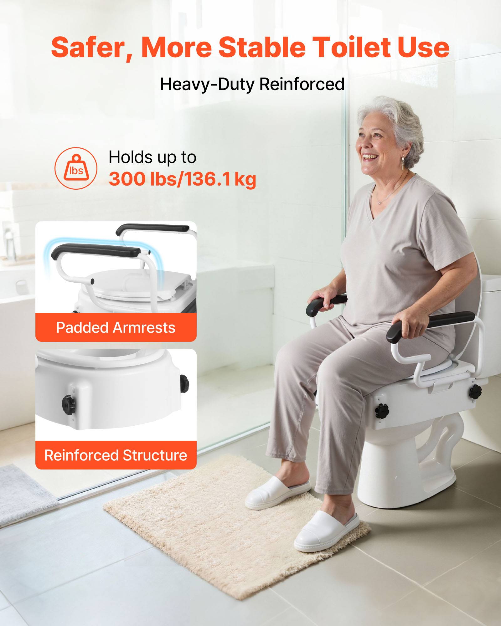 Vevor - VEVOR Rehausseur de toilette réglable 3 niveaux, accoudoirs rembourrés, capacité 136,1 kg, installation sans perçage, couleur blanche. - Image 4