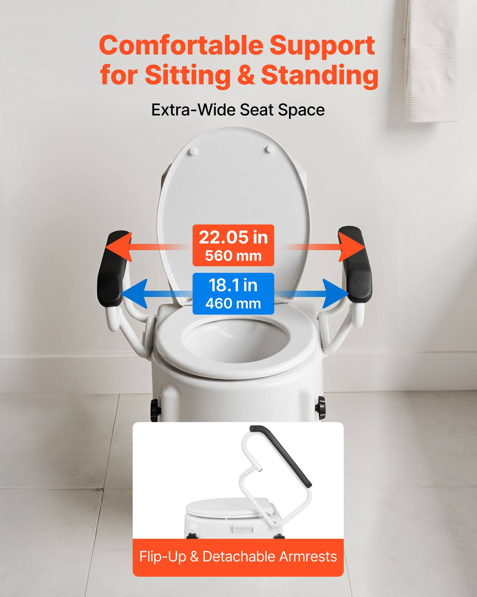 Vevor - VEVOR Rehausseur de toilette réglable 3 niveaux, accoudoirs rembourrés, capacité 136,1 kg, installation sans perçage, couleur blanche. - Image 7