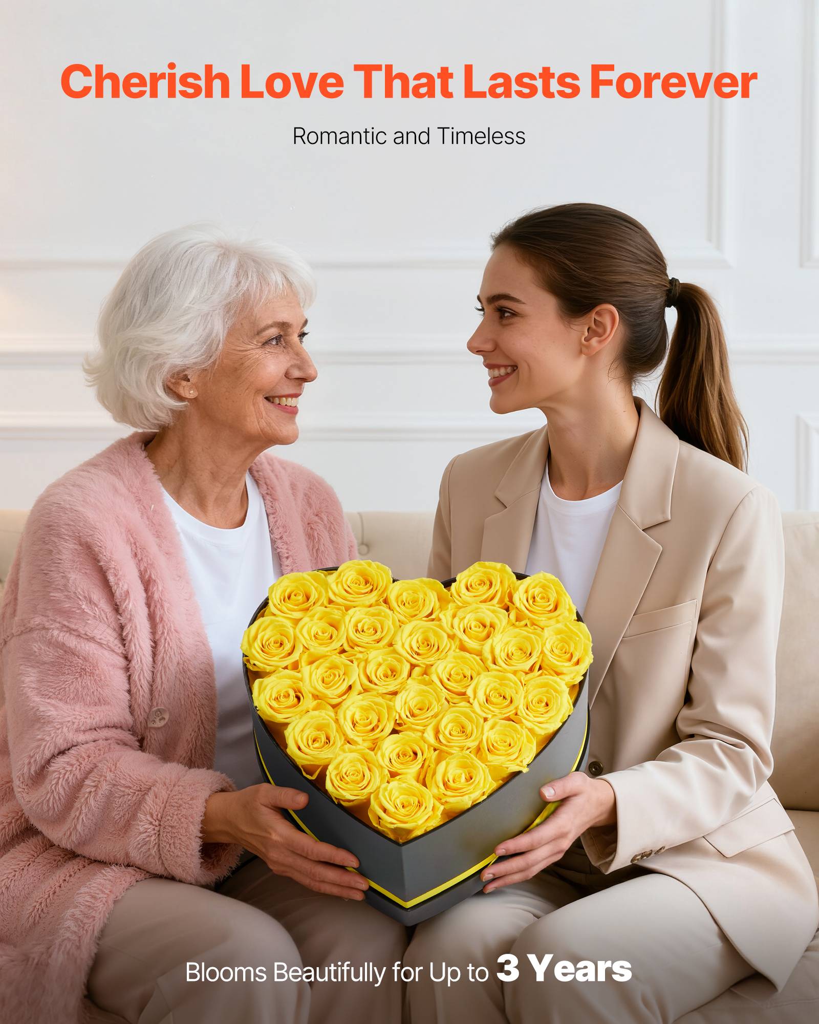 VEVOR Rose Éternelle Fleurs Éternelles Préservées Lot de 27 Boîte en Cœur Jaune - Image 3